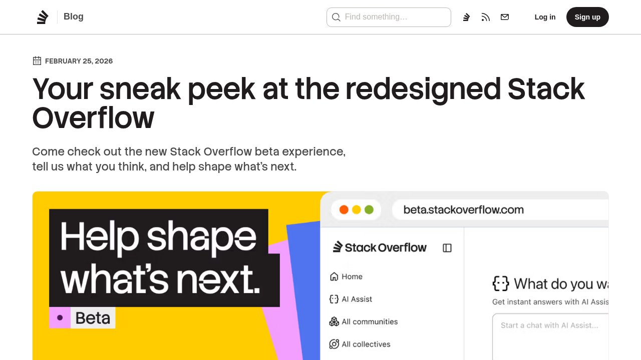 Stack Overflow's official blog post announcing the redesigned product, with the new AI Assist entry visible in the sidebar