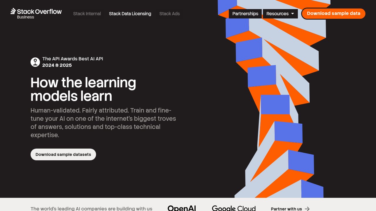 Stack Overflow's Data Licensing page, in its new visual identity, listing OpenAI and Google Cloud among the companies buying access to its archive