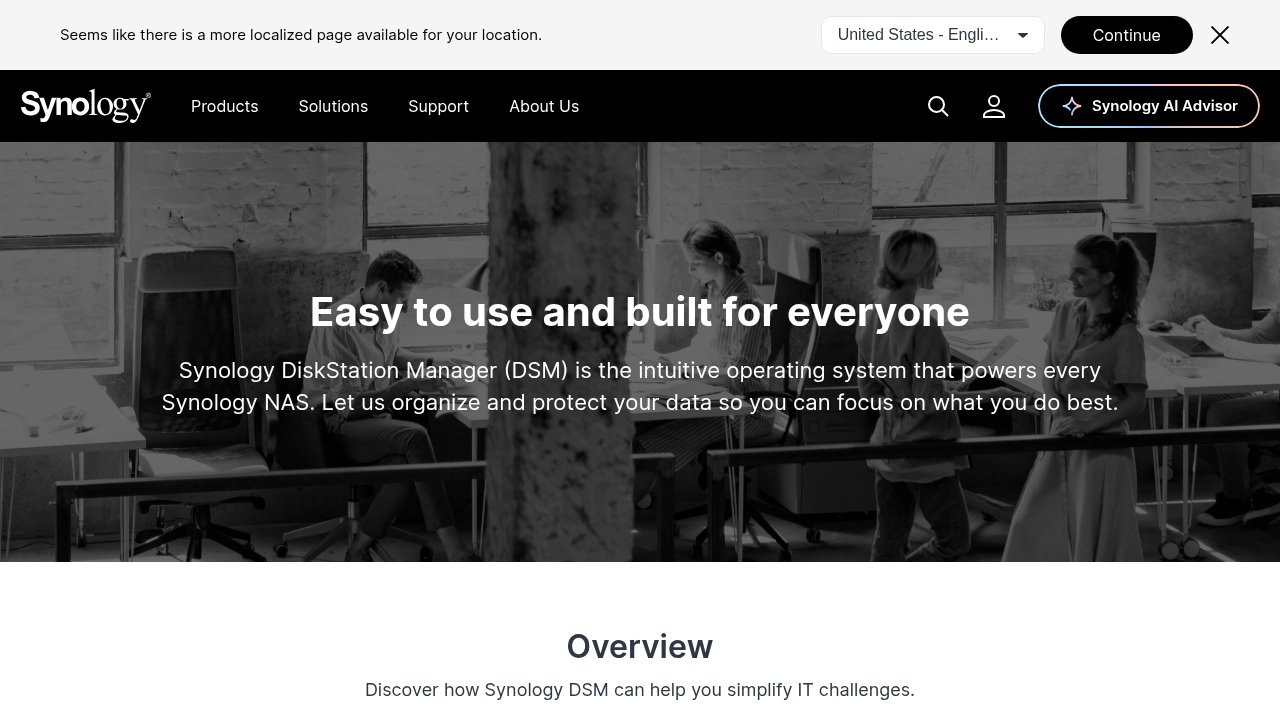 Synology DSM official product page, the proprietary operating system that only runs on Synology hardware