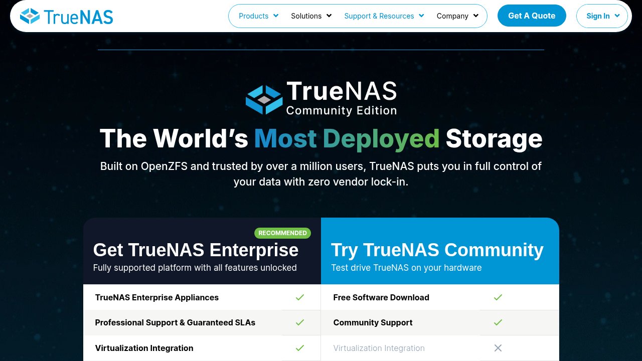 TrueNAS SCALE official product page showing the open source NAS operating system