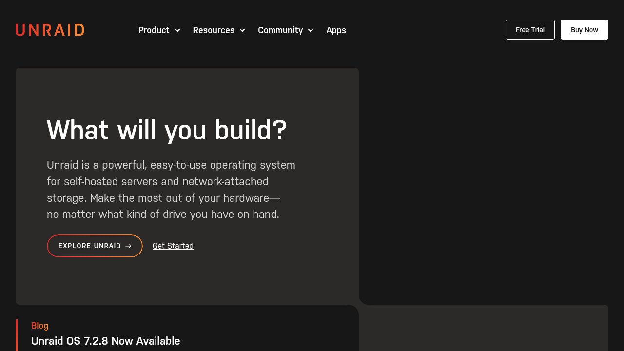 Unraid official homepage, the proprietary NAS operating system