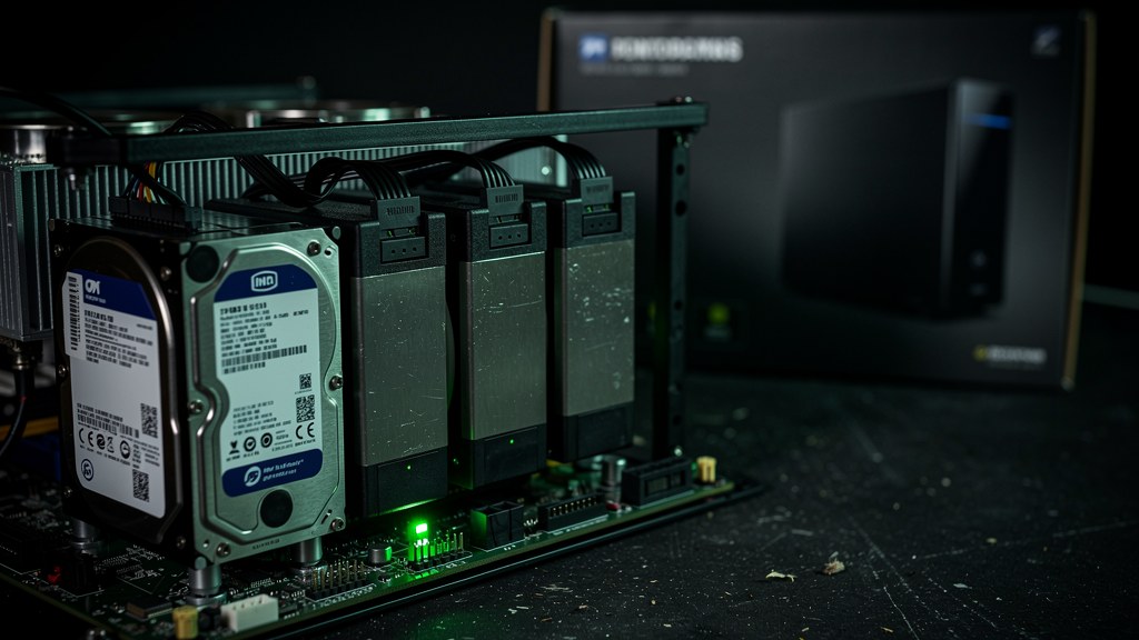 A home server tower with multiple hard drives installed, sitting on a desk