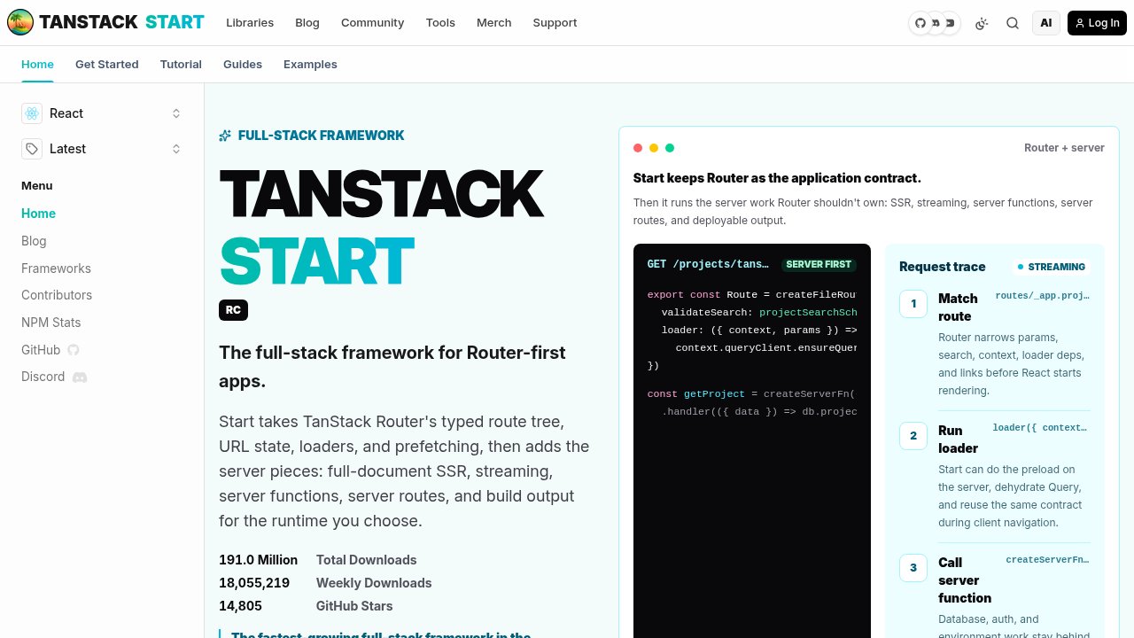 TanStack Start's official homepage, showing its Release Candidate badge, a createServerFn code example, and weekly download counts